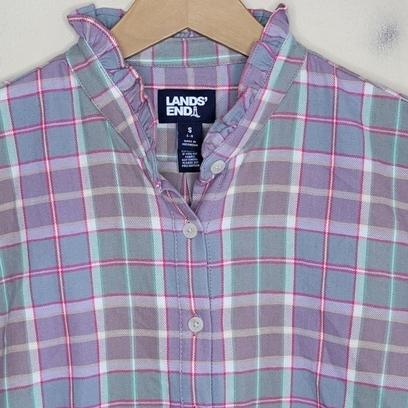 Lands' End | Pastel Purple Pink Green Plaid Flannel Shirt with Ruffle Details - Picture 2 of 6